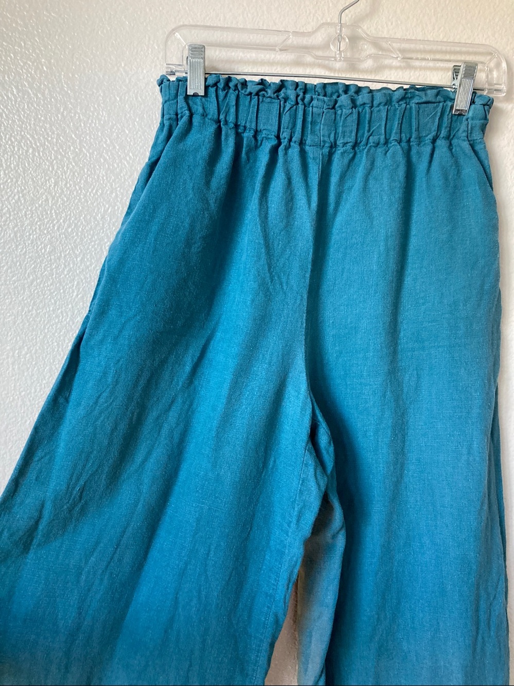 Len.OK 100% Organic Linen Lantern Hem Wide Leg Loose Fit Teal Pant Balloon sz S - Picture 2 of 5